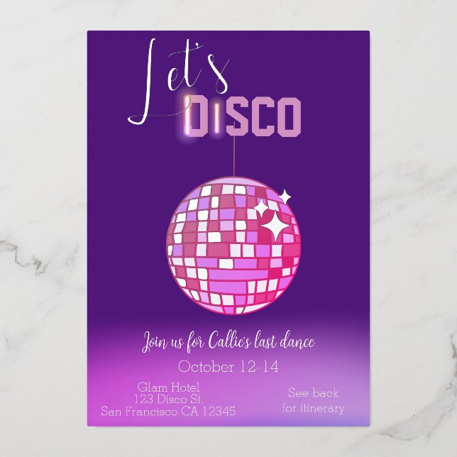 Invitación Con Relieve Metalizado Discoteca Neon Bachelorette (Anverso)