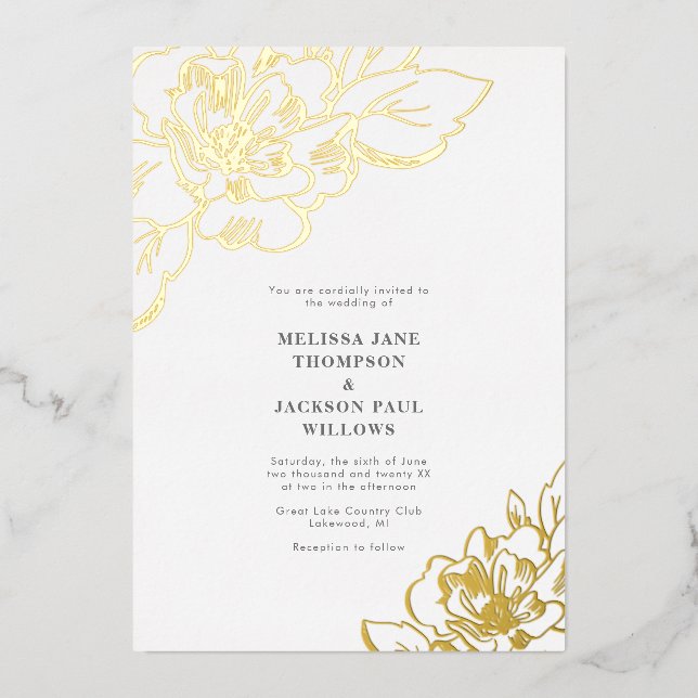 Invitación Con Relieve Metalizado Diseño boda elegante con flores doradas (Anverso)
