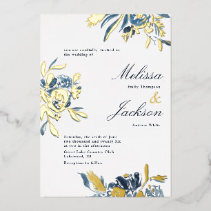 Invitación Con Relieve Metalizado Diseño de boda de flor azul delicada y flor dorada