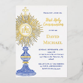 Invitación Con Relieve Metalizado diseño de custodia azul | Primera Comunión