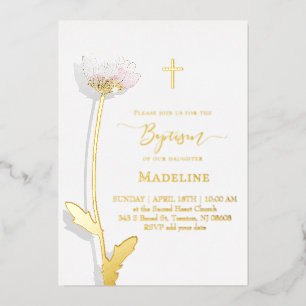 Invitación Con Relieve Metalizado diseño de flores Bautizo