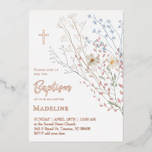 Invitación Con Relieve Metalizado diseño de flores silvestres Bautizo