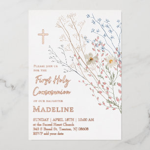 Invitación Con Relieve Metalizado diseño de flores silvestres Primera Comunión