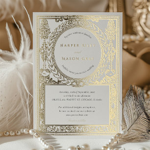 Invitación Con Relieve Metalizado Diseño de Laurel Ornamentado de Boda en Dorado Vin