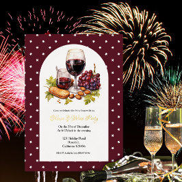 Invitación Con Relieve Metalizado Diseño de tema de queso y vino de acuarela de Año