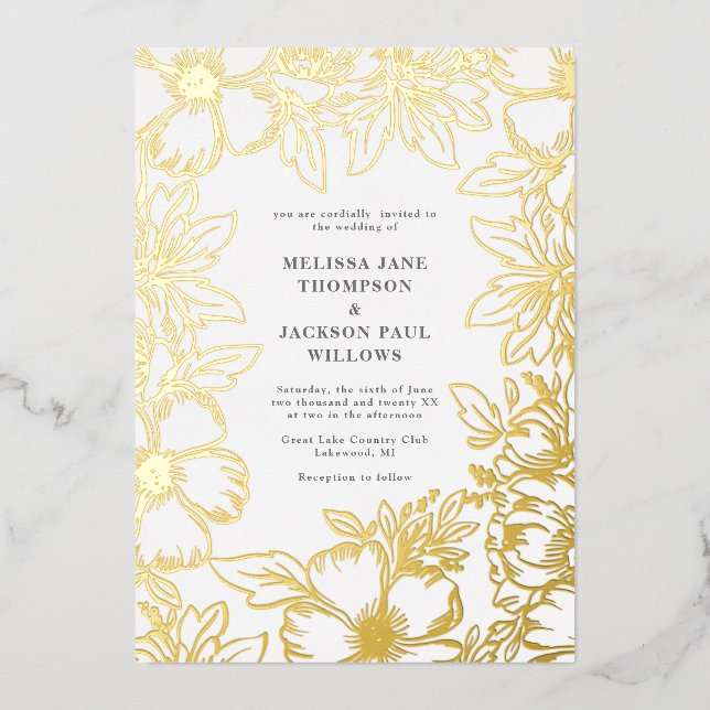 Invitación Con Relieve Metalizado Diseño elegante de casamiento de flores doradas (Anverso)