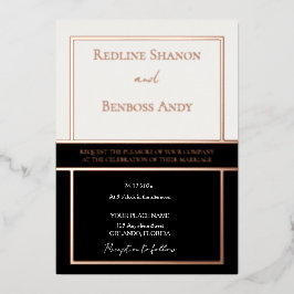 Invitación Con Relieve Metalizado Diseño Elegante de Marfil y Negro en Marco con Ros