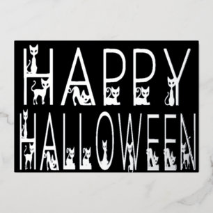 Invitación Con Relieve Metalizado Diseño tipográfico "Feliz Halloween" Gato Negro
