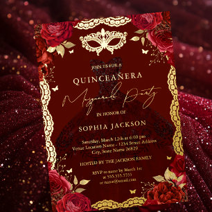 Invitación Con Relieve Metalizado Disfraz de fiesta de máscara rojo oro Rosa Quincea