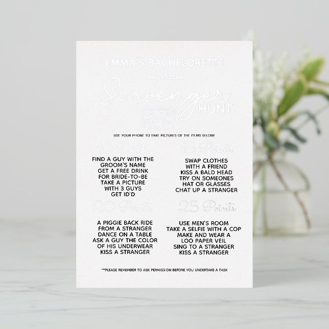 Invitación Con Relieve Metalizado diversión de juego de caza de scavenger de plata (Anverso de pie)