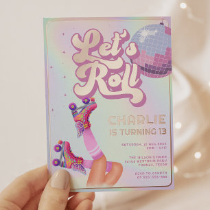 Invitación Con Relieve Metalizado Diversión en patines sobre ruedas Fiesta de cumple