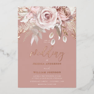 Invitación Con Relieve Metalizado Divina Rosa Oro Polvo Rosa Floral Boda
