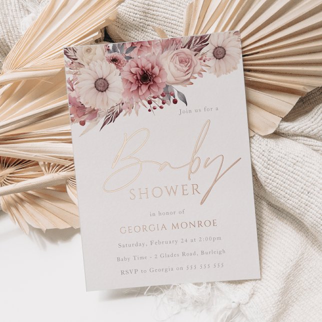 Invitación Con Relieve Metalizado Divine Boho Rubor Rosa Gold Baby Shower (Subido por el creador)