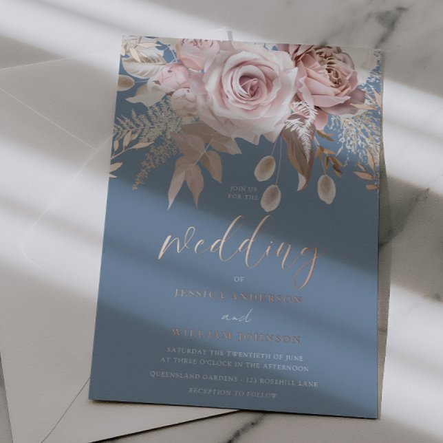 Invitación Con Relieve Metalizado Divine Rose Gold Blush & Blue Floral Wedding (Subido por el creador)