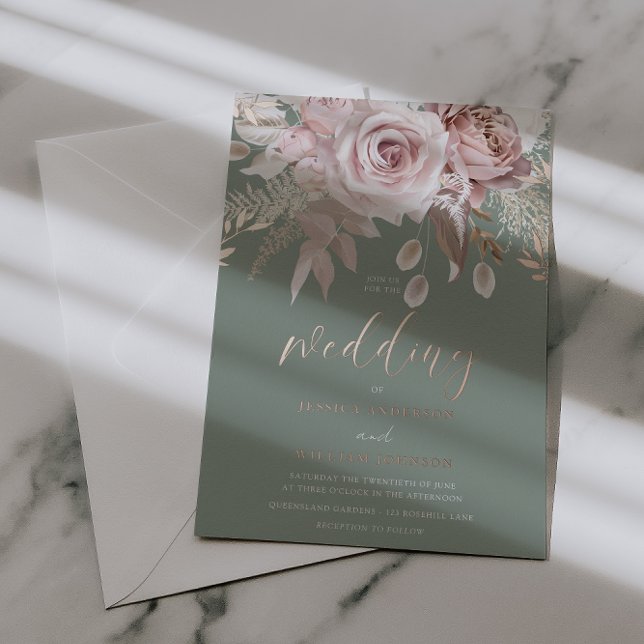 Invitación Con Relieve Metalizado Divine Rose Gold Blush & Sage Floral Wedding (Subido por el creador)