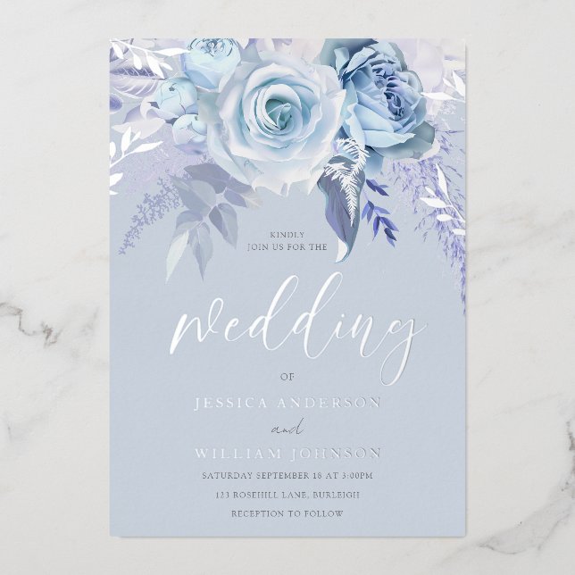 Invitación Con Relieve Metalizado Divino Boda floral azul agitado real plateado (Anverso)