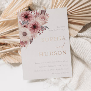 Invitación Con Relieve Metalizado Divino Boho Rubor Boda Rosa Dorado