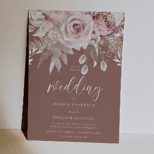 Invitación Con Relieve Metalizado Divino Plata y Floral Rosado Puro Elegante Boda