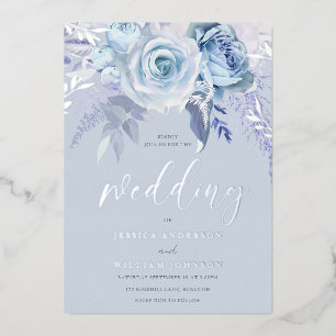 Invitación Con Relieve Metalizado Divino Polvo Azul Floral Boda Real Plata