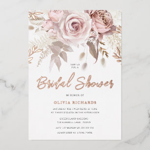 Invitación Con Relieve Metalizado Divino Rubor de Oro Rosa Floral Shower de Boda