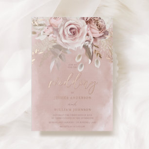 Invitación Con Relieve Metalizado Divino Rubor Floral Boda Rosa Dorado