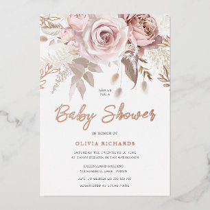 Invitación Con Relieve Metalizado Divino Rubor Rosa Dorado Floral Baby Shower