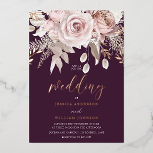 Invitación Con Relieve Metalizado Divino Rubor Rosa Dorado Floral Ciruela Boda