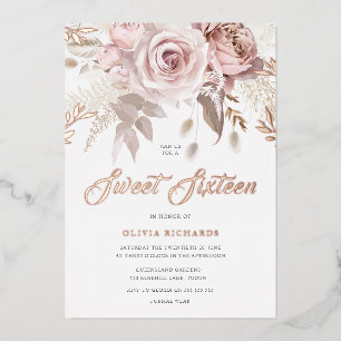 Invitación Con Relieve Metalizado Divino Rubor Rosa Dorado Floral Dulce Fiesta 16