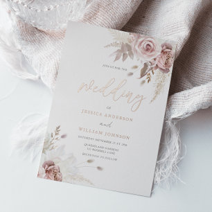 Invitación Con Relieve Metalizado Divino Rubor Rosa Polvoriento Floral Boda Rosa Oro
