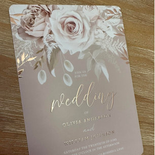 Invitación Con Relieve Metalizado Divino Rubor Rosa Polvoriento Floral Boda Rosa Oro