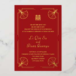 Invitación Con Relieve Metalizado Doble felicidad Boda chino rojo oro real