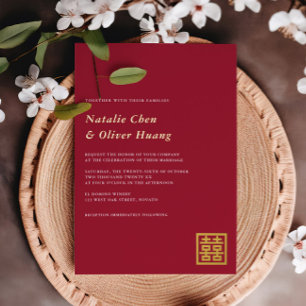 Invitación Con Relieve Metalizado Doble Felicidad Chino Moderna Bodas Rojo + Dorado
