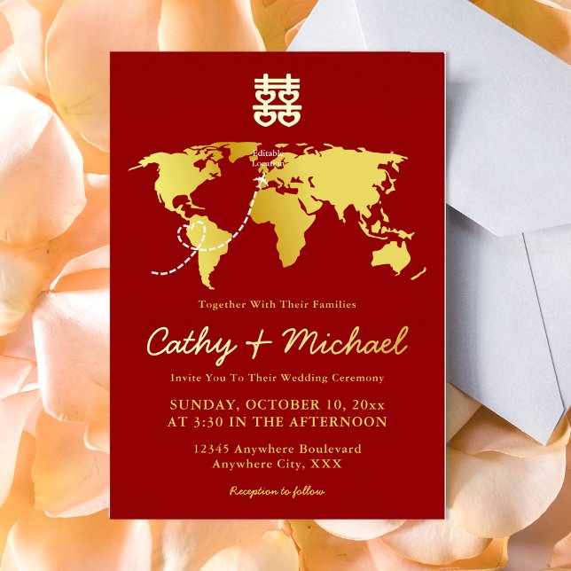 Invitación Con Relieve Metalizado Doble felicidad de matrimonio de destino de mapa r (Subido por el creador)