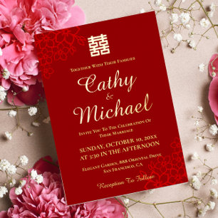 Invitación Con Relieve Metalizado Doble felicidad fondo floral boda china