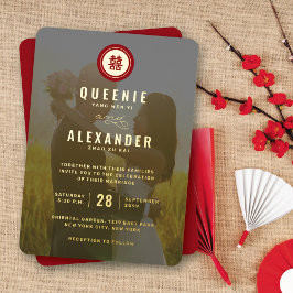 Invitación Con Relieve Metalizado Doble Felicidad Foto Boda China Círculo Rojo