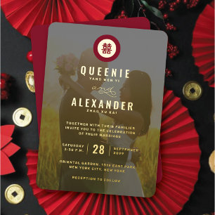 Invitación Con Relieve Metalizado Doble Felicidad Roja en Círculo Foto Boda China