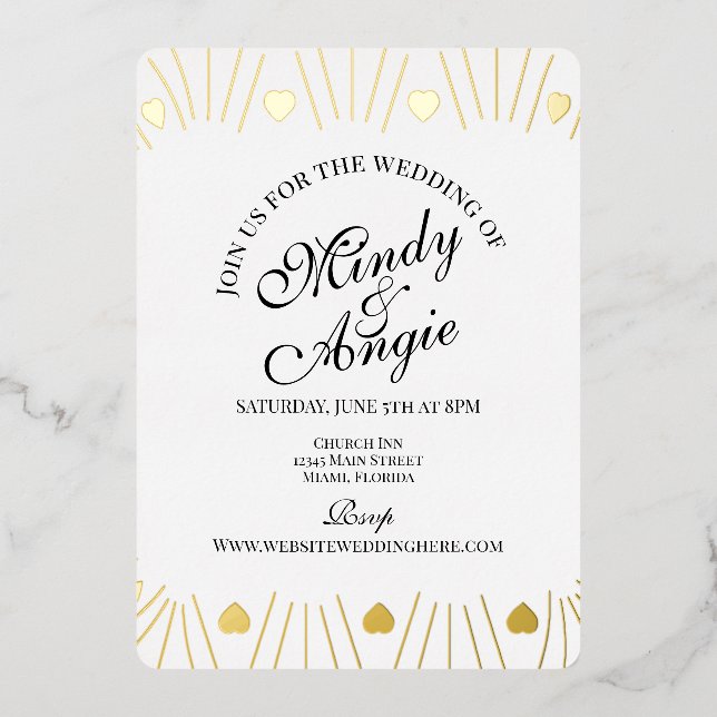 Invitación Con Relieve Metalizado Doodle Hearts Frame Script Wedding (Anverso)