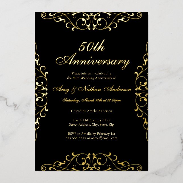 Invitación Con Relieve Metalizado Dorado Black Elegant Swirl 50 Aniversario Boda (Anverso)