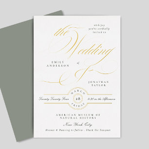 Invitación Con Relieve Metalizado Dorado Boda de caligrafía elegante de color blanco