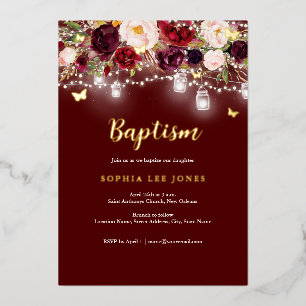 Invitación Con Relieve Metalizado Dorado Burgundy Floral Luces Baptismo