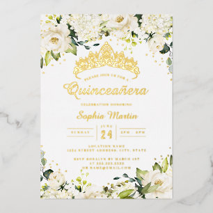 Invitación Con Relieve Metalizado Dorado Champagne Floral Quinceanera