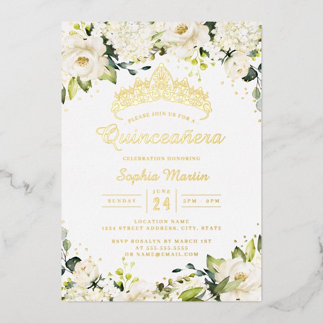 Invitación Con Relieve Metalizado Dorado Champagne Floral Quinceanera (Anverso)