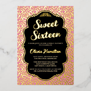 Invitación Con Relieve Metalizado Dorado Chic y Estampado de Leopardo Rosa Cumpleaño