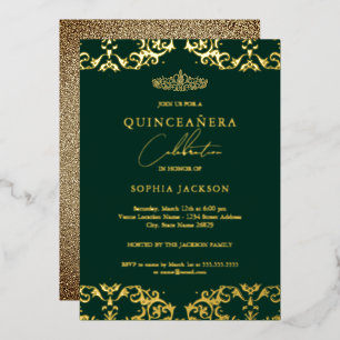 Invitación Con Relieve Metalizado Dorado Damask Emerald Quinceanera 15º cumpleaños