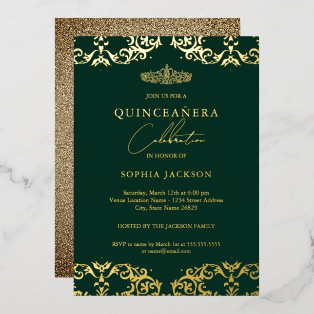 Invitación Con Relieve Metalizado Dorado Damask Emerald Quinceanera 15º cumpleaños (Anverso/Reverso)
