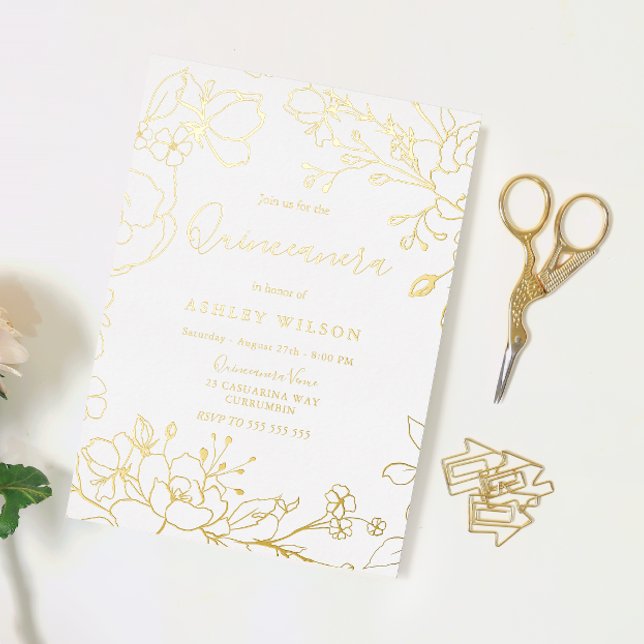 Invitación Con Relieve Metalizado Dorado elegante blanco moderno Quinceanera Real Go (Subido por el creador)