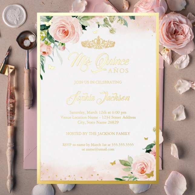 Invitación Con Relieve Metalizado Dorado Floral Rosa Quinceanera Cumpleaños (Subido por el creador)
