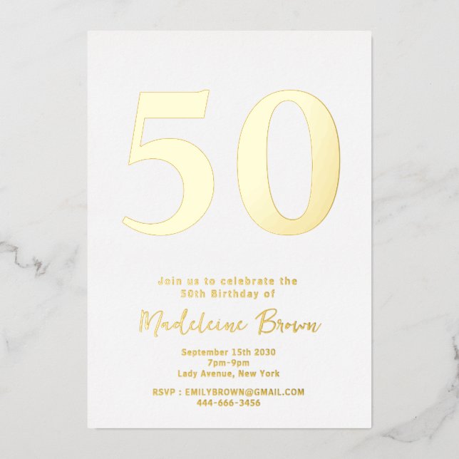 Invitación Con Relieve Metalizado Dorado Moderno 50 cumpleaños