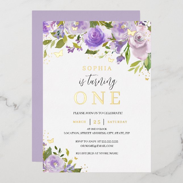 Invitación Con Relieve Metalizado Dorado Morado Acuarela Floral Chica Primer Cumplea (Anverso/Reverso)
