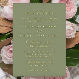 Invitación Con Relieve Metalizado Dorado Moss Green caligrafía formal elegante Boda